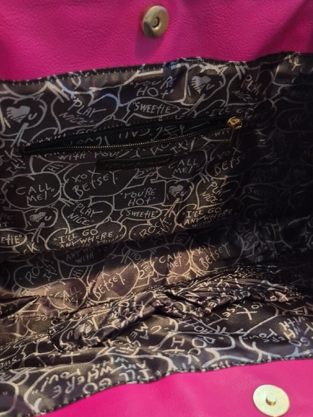 Betsey Johnson Black and Hot Pink Quilted Heart Tote with Tassel - Picture 6 of 10